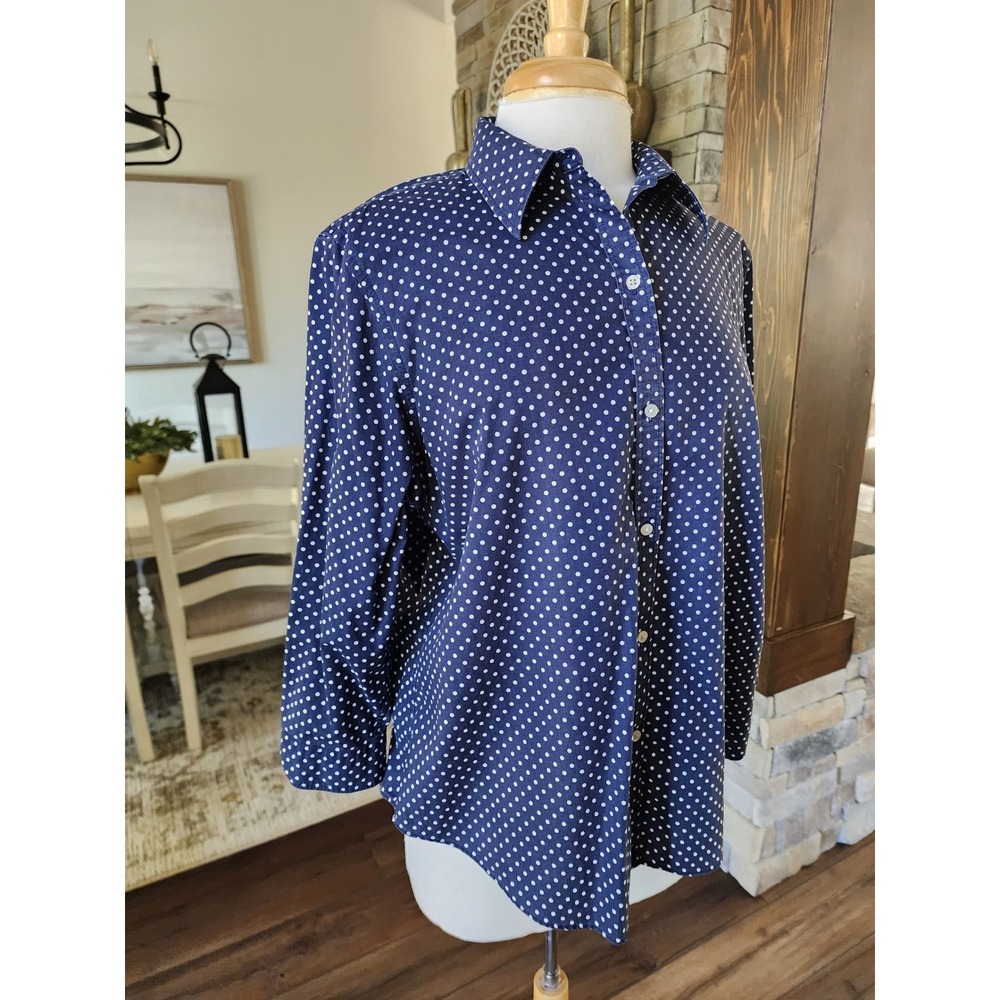 Lauren Ralph Lauren Navy Blue White Polka Dot Non-Iron Cotton Shirt XL